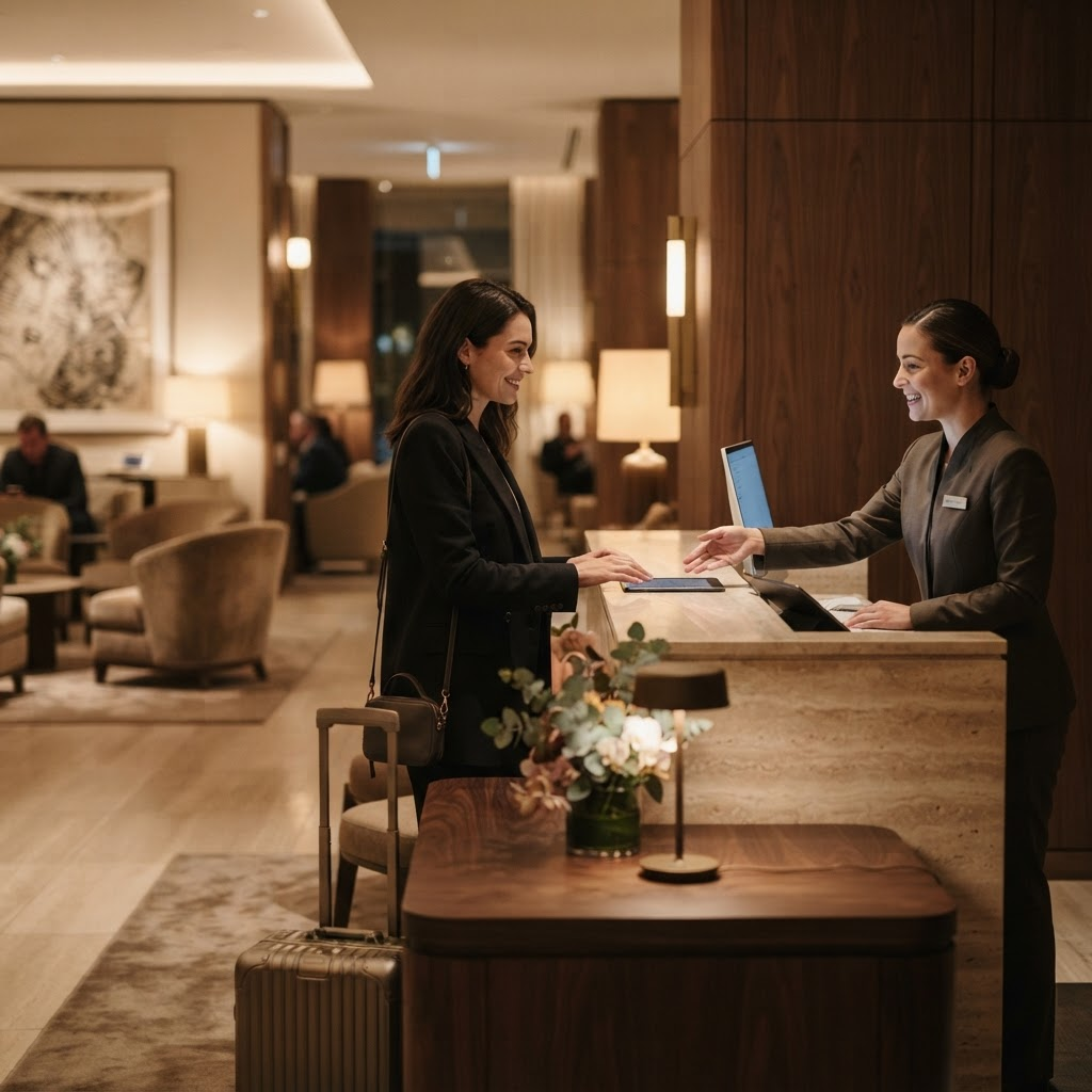 Elegant hotel lobby reception welcoming a guest