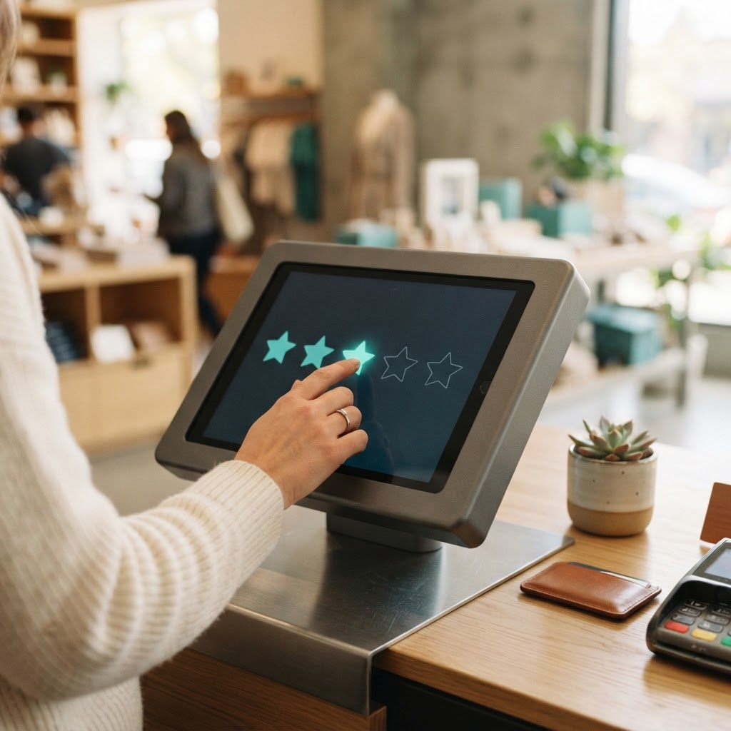 Customer tapping a rating on a tablet feedback kiosk