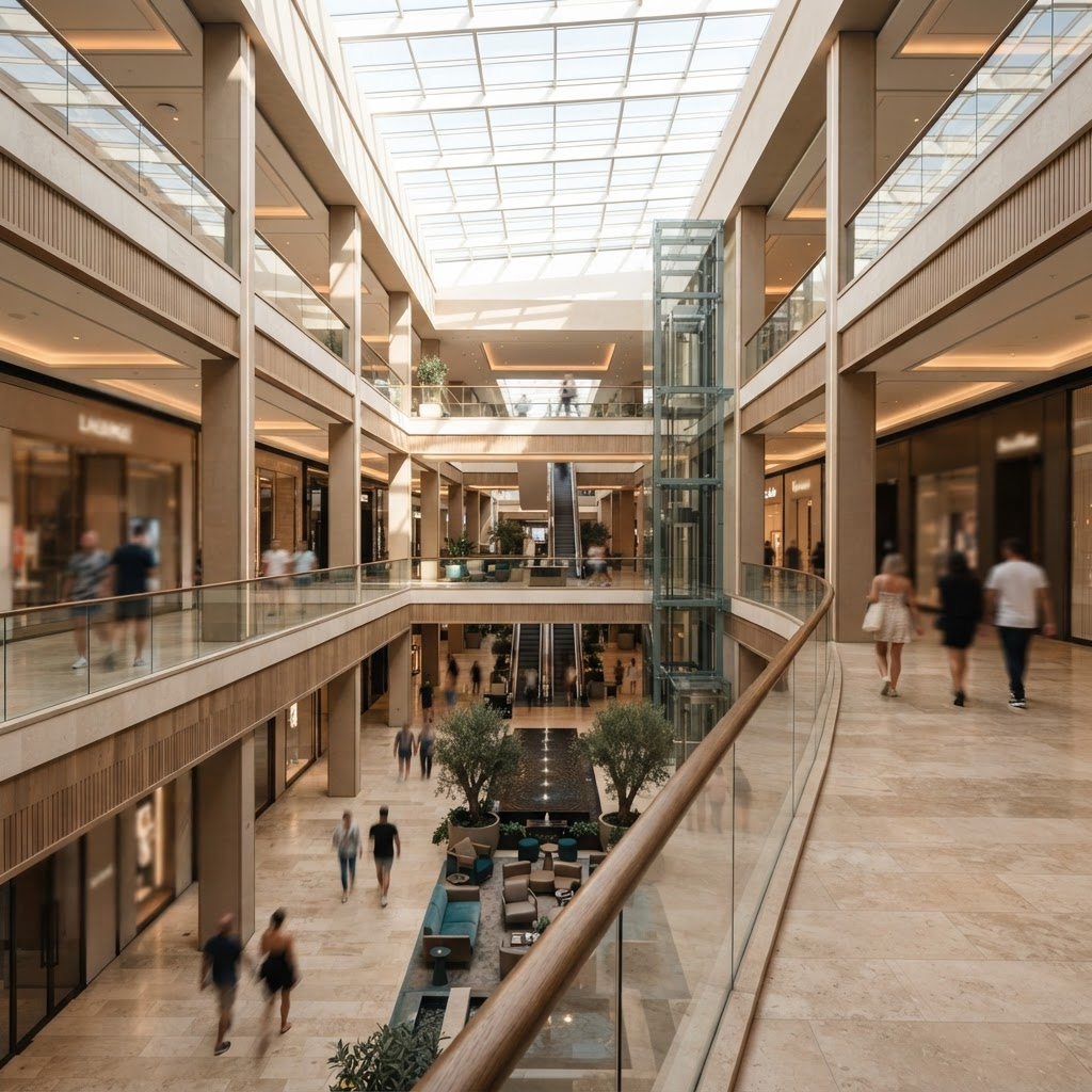 Modern shopping mall atrium with shoppers