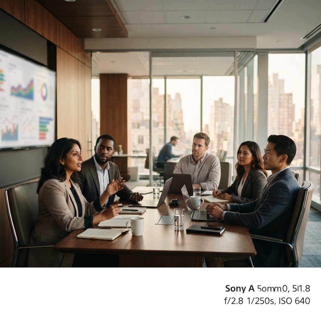 Corporate team reviewing analytics on a screen