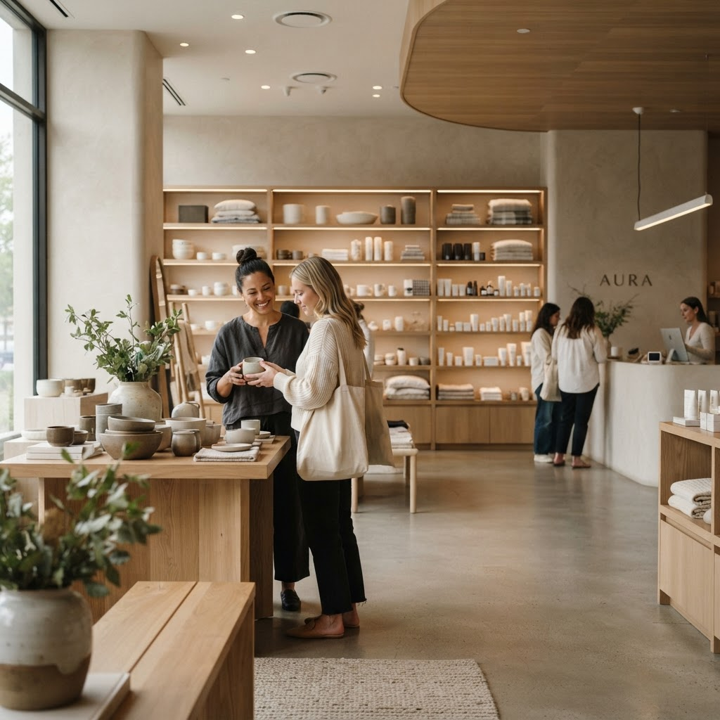 Minimalist retail store interior with associate helping a customer