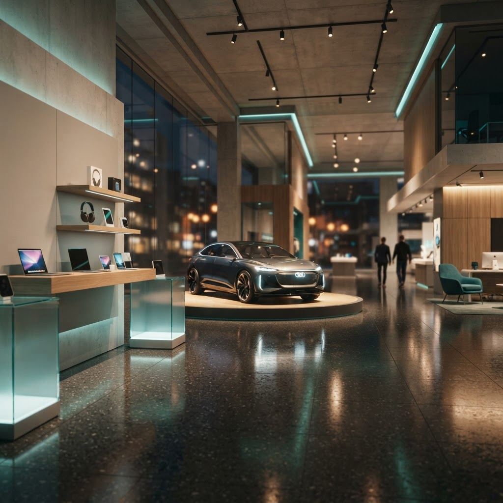 Sleek modern showroom with product displays